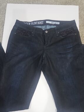 DKNY Dark Blue Bootcut Jeans with Rhinestone Pocket Detail
